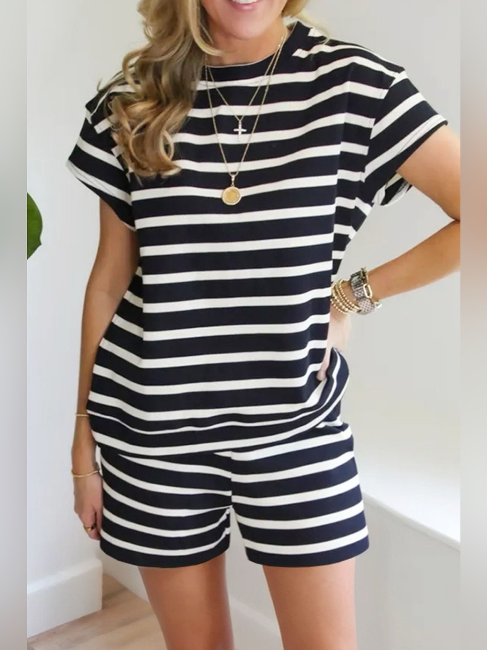 Striped Short Sleeve Top and Shorts Set
